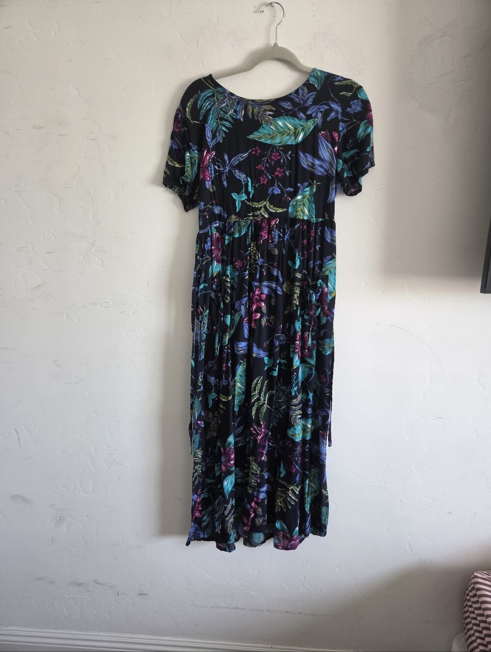 Blue Floral Midi Dress with Teal & Purple Leaves
